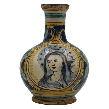 Bottiglia Antica maiolica policroma decorata sul davanti con volto della...