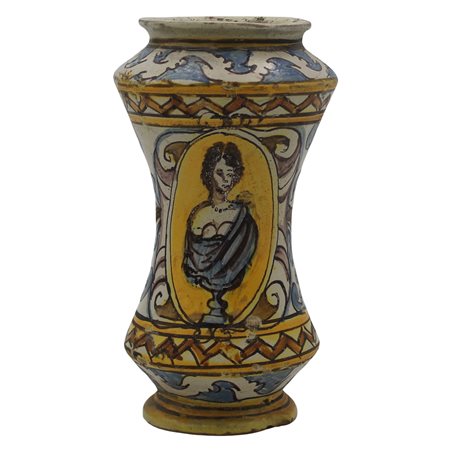 Albarello Antica maiolica con busto di donna sul davanti e motivi floreali e...