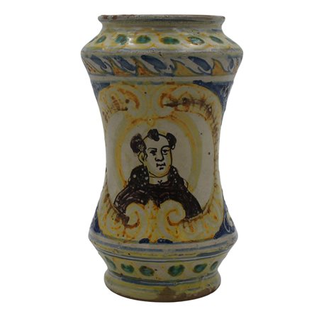 Albarello Antica maiolica decorata con volto di frate sul davanti e motivi...