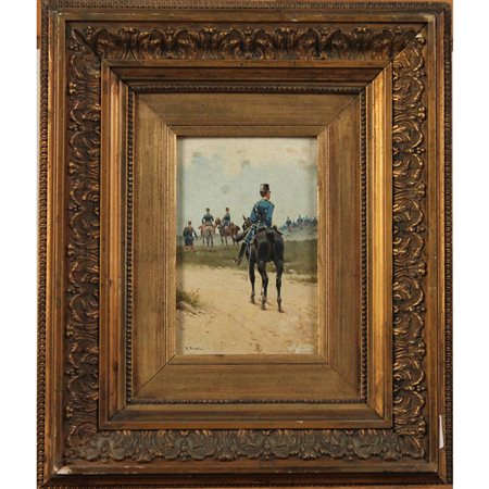 Ruggero Panerai (attr.) (1862/1923) "Soldati a cavallo" Dipinto ad olio su...