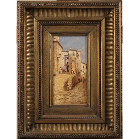 Attilio Pratella (attr.)(1856/1949) "Scorcio di paese con figure" Dipinto ad...