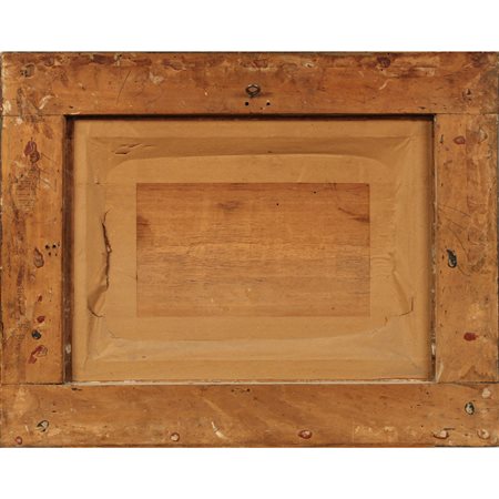 Paesaggio innevato Dipinto ad olio su tavola in cornice in legno dorato....