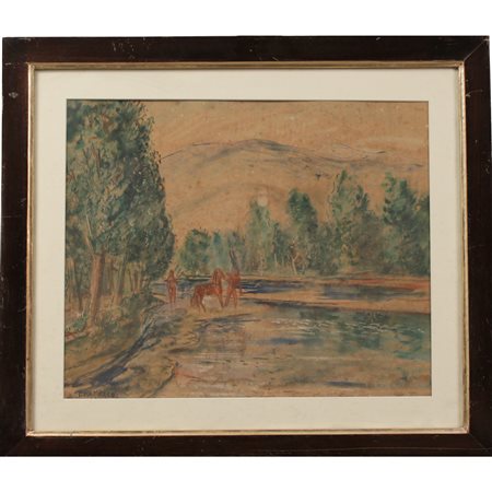 Emanuele Rambaldi (1903/1968) "Paesaggio con figure" Acquerello su carta in...