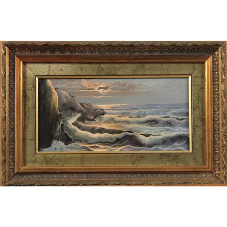 Guido Odierna (1913/1991) "Mare in tempesta" Dipinto ad olio su faesite in...