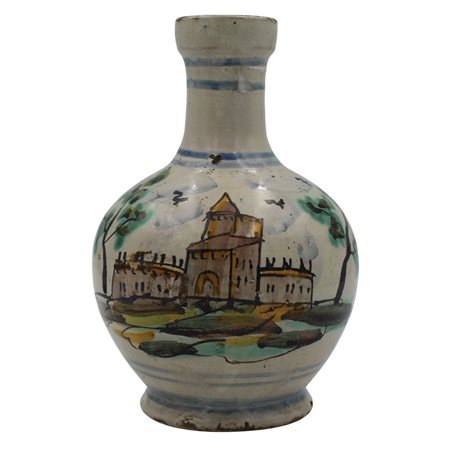 Bottiglia Antica maiolica decorata a tutto tondo con casolari. Caltagirone....