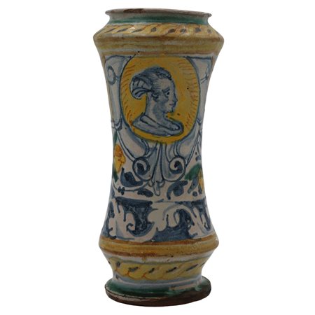 Albarello Antica maiolica con profilo di donna sul davanti e decoro a tutto...