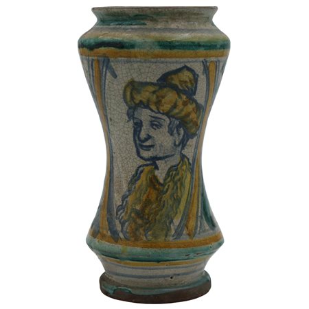 Albarello Antica maiolica decorata sul davanti con uomo con cappello. Sul...