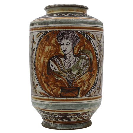 Grande cilindro Antica maiolica decorata sul fronte con medaglione...