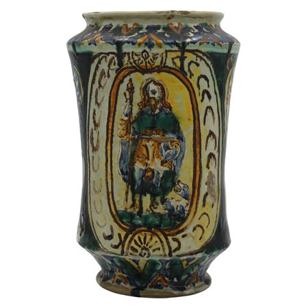 Grande cilindro Antica maiolica decorata sul davanti con medaglione centrale...