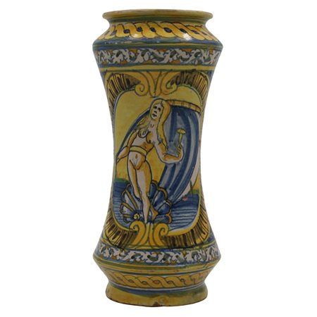 Grande albarello Antica maiolica policroma decorata su fronte con la nascita...