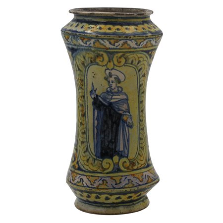 Albarello Antica maiolica con medaglione centrale raffigurante Santo e motivi...