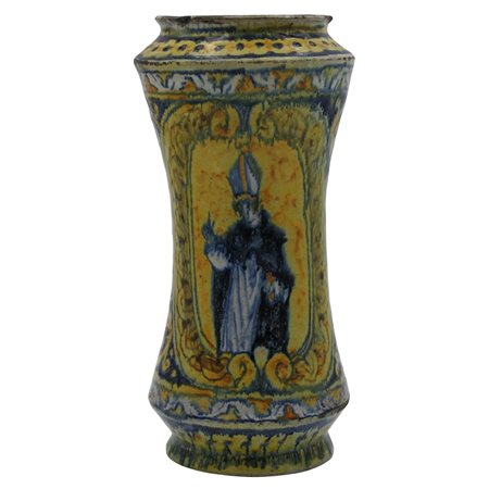 Albarello Antica maiolica con medaglione centrale raffigurante prelato e...