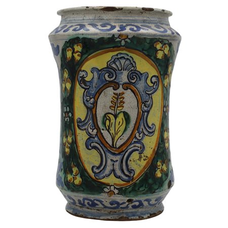 Grande cilindro Antica maiolica policroma con decoro di cartiglio contornato...