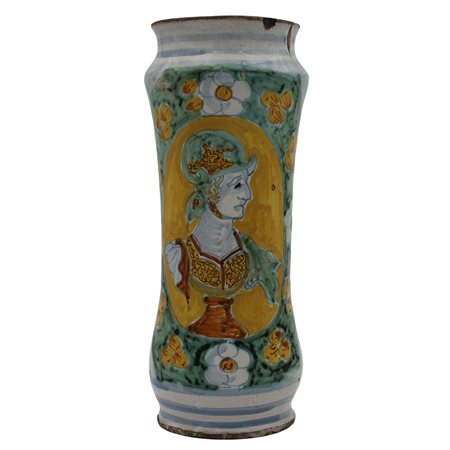 Albarello Antica maiolica decorata sul davanti con mezzobusto di guerriero...