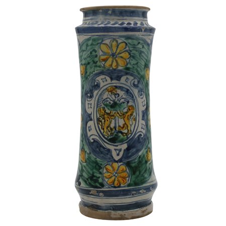 Albarello Antica maiolica decorata sul davanti con stemma gentilizio...