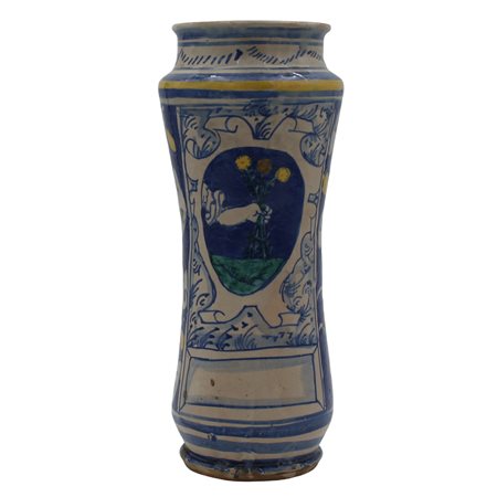 Albarello Antica maiolica decorata con cartiglio raffigurante mazzo di fiori...