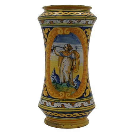 Albarello Antica maiolica decorata sul davanti con figura classica e sul...
