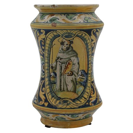 Albarello Antica maiolica decorata con medaglione centrale raffigurante Santo...