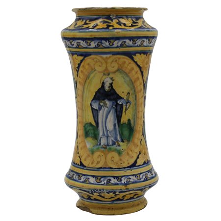 Albarello Antica maiolica con medaglione centrale raffigurante Santo sul...