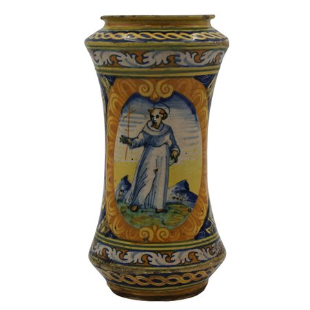 Albarello Antica maiolica con medaglione centrale raffigurante Santo e sul...