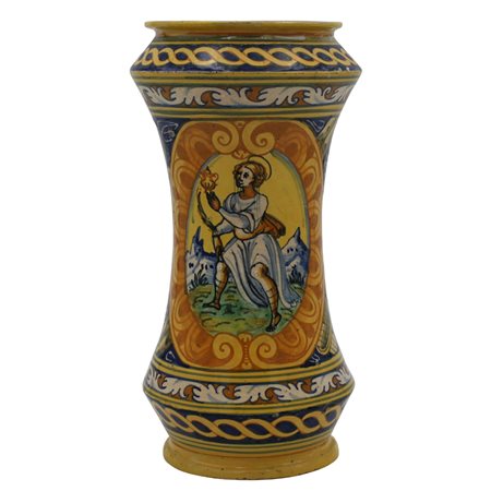 Albarello Antica maiolica con medaglione centrale raffigurante Santa e sul...