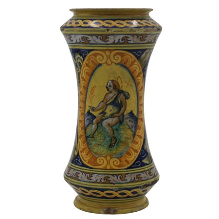 Albarello Antica maiolica con medaglione centrale raffigurante Santo e sul...