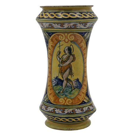 Albarello Antica maiolica con medaglione centrale raffigurante San Giovanni e...