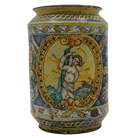 Importante cilindro Antica maiolica con medaglione centrale raffigurante San...
