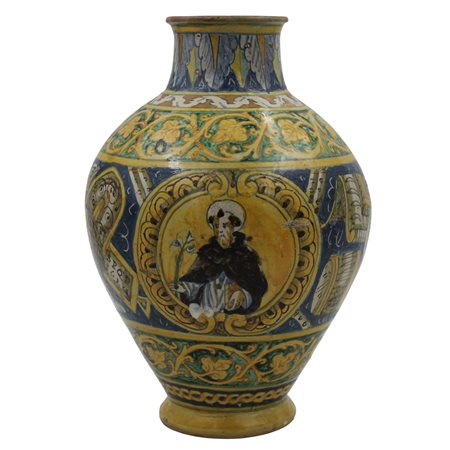 Importante vaso ovoidale Antica maiolica con medaglione centrale raffigurante...