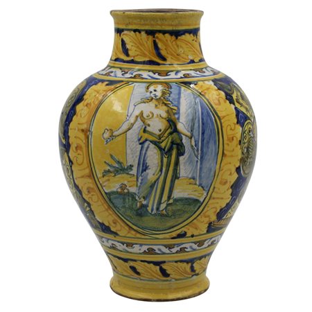 Importante vaso ovoidale Antica maiolica con medaglione centrale raffigurante...