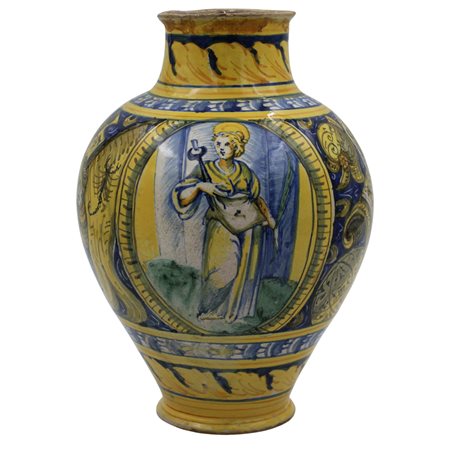 Importante vaso ovoidale Antica maiolica con medaglione centrale raffigurante...