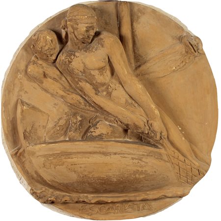 Filippo Sgarlata (1901/1979) "La pesca" Grande bassorilievo circolare in...
