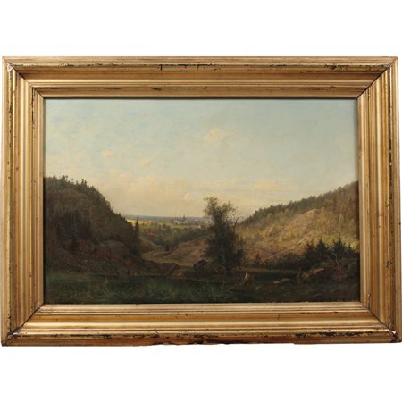 Scuola tedesca del secolo XIX "Paesaggio con casolari sullo sfondo" Dipinto...