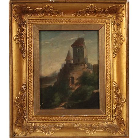 Pittore inglese della fine del secolo XIX "Paesaggio con castello" Dipinto ad...