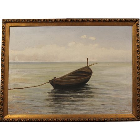 La barca Dipinto ad olio su tela in cornice in legno dorato. Firmato G....