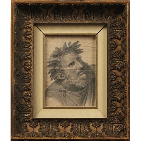 Figura di filosofo Incisione su carta in cornice in legno dorato. Secolo...