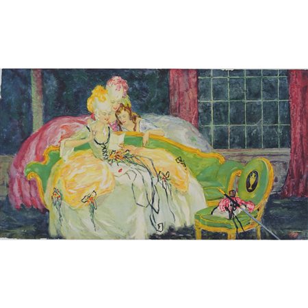 Due scene galanti Tempere su carta. Firma illegibile. Cm 25x45