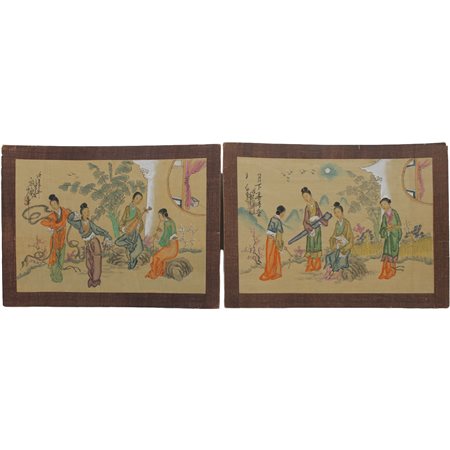 Sei scene orientali Lotto di disegni e acquerelli su carta di riso. Secolo...