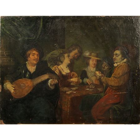 Pittore fiammingo del secolo XVIII "Scena di interno" Dipinto ad olio su...