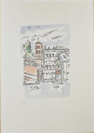 Orfeo Tamburi PAESAGGIO CON ARCO incisione acquarellata a mano, cm 40x28, su...