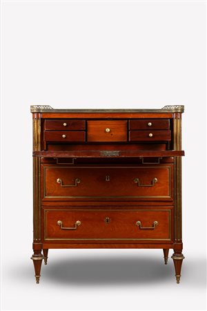 Cassettone con scrittoio lastronato in mogano, secolo XIX