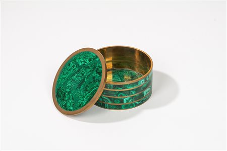 Scatola circolare in malachite e bronzo con coperchio, secolo XX
