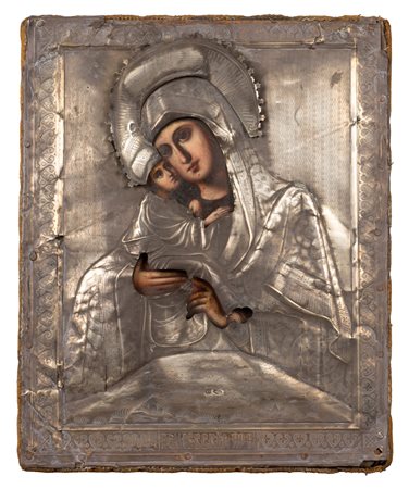 Icona con riza in argento raffigurante Madonna di Vladimir. Russia, secolo XIX