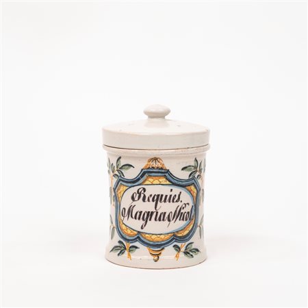 Vasetto con coperchio in maiolica policroma, secolo XVIII