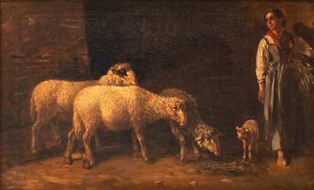 Scuola italiana, secolo XIX - Pastorella con gregge