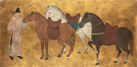Dipinto su foglia d'oro applicato su tavola raffigurante cavalli e palafranieri, China, late 19th century