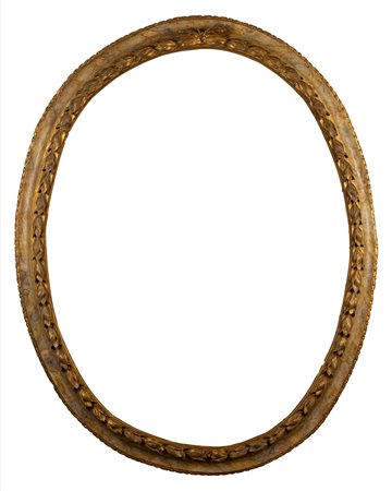 Grande cornice ovale in legno intagliato e parzialmente dorato. Secolo XIX
