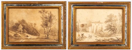Felice Storelli (Torino 1778-Parigi 1854)  - Paesaggio con viandanti; Paesaggio con pescatori