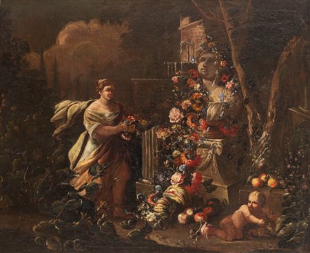 Scuola napoletana, secolo XVIII - Trionfo di fiori e frutti in un giardino con donna che adorna una statua 
