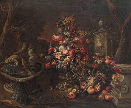 Scuola napoletana, secolo XVIII - Trionfo di fiori in un vaso en plain air 